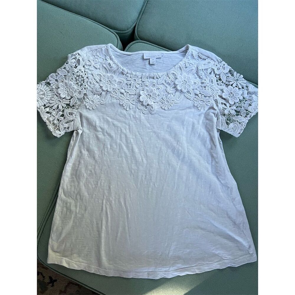 Charter Club Women's Petite Lace Embroidered T-Shirt White Size M